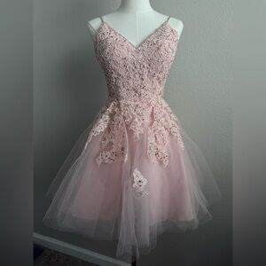 Morilee Blush Pink Lace Tulle formal prom Dress - Size 00 - Beaded Mini